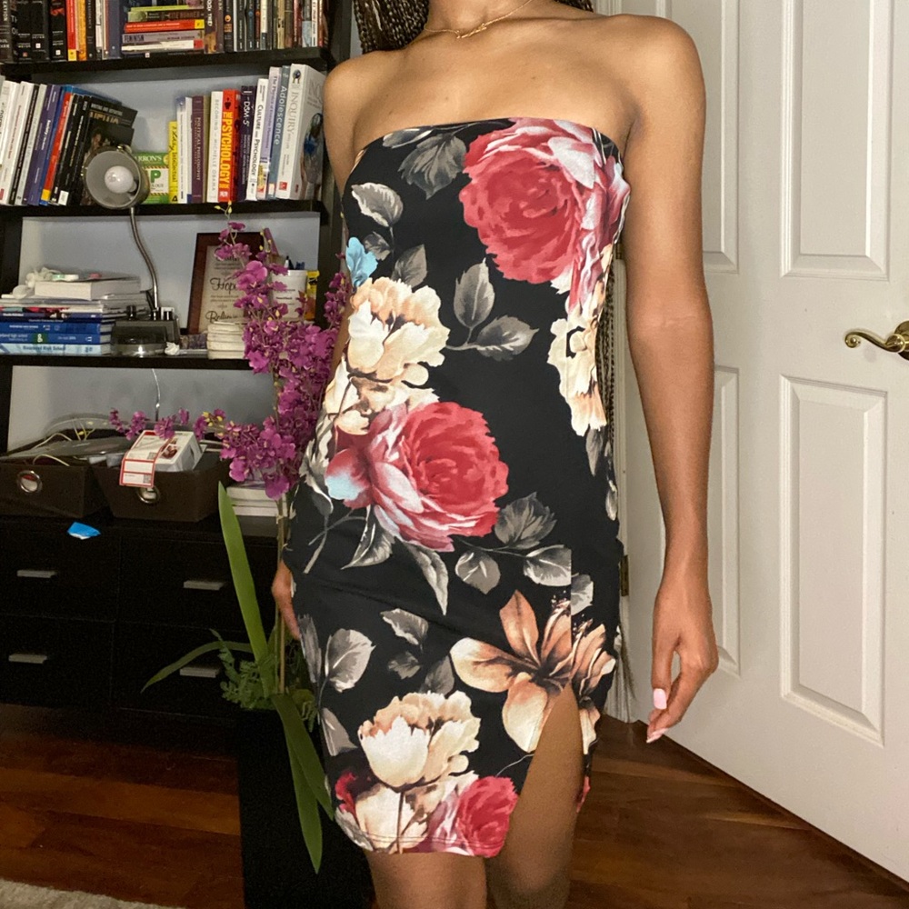 Strapless Floral Slit Mini Dress